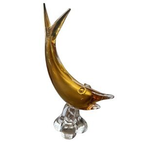 Murano Art Glass Dolphin Sculpture Amber Gold Sommerso Body 12" Figurine Vintage